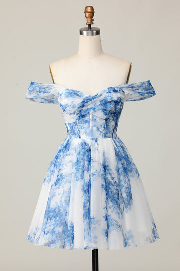 White Blue Floral Corset Off The Shoulder A Line Short Cocktail Dress